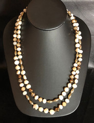 Cultured Freshwater Pearl Endless Strand Necklace Gold Bronze Crystal Beads 6018
