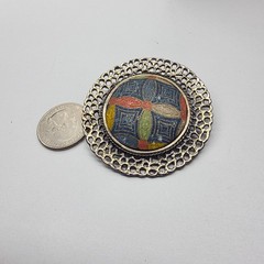 Blue Green Orange Yellow Cloth Covered Black Metal Dual Pendant Brooch Vintage