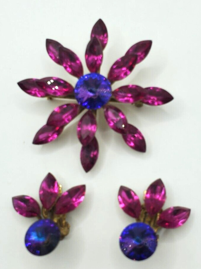 Vintage Glass Flower Star Two Levels Pink Pin Brooch Gold Tone Clip Earrings