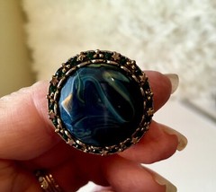 Vintage Large Blue Cabochon Brass Ring W Stars Green Rhinestones
