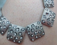 Chunky Silvertone Chain w Ridged Square & Clear Rhinestone Faux Animal Print