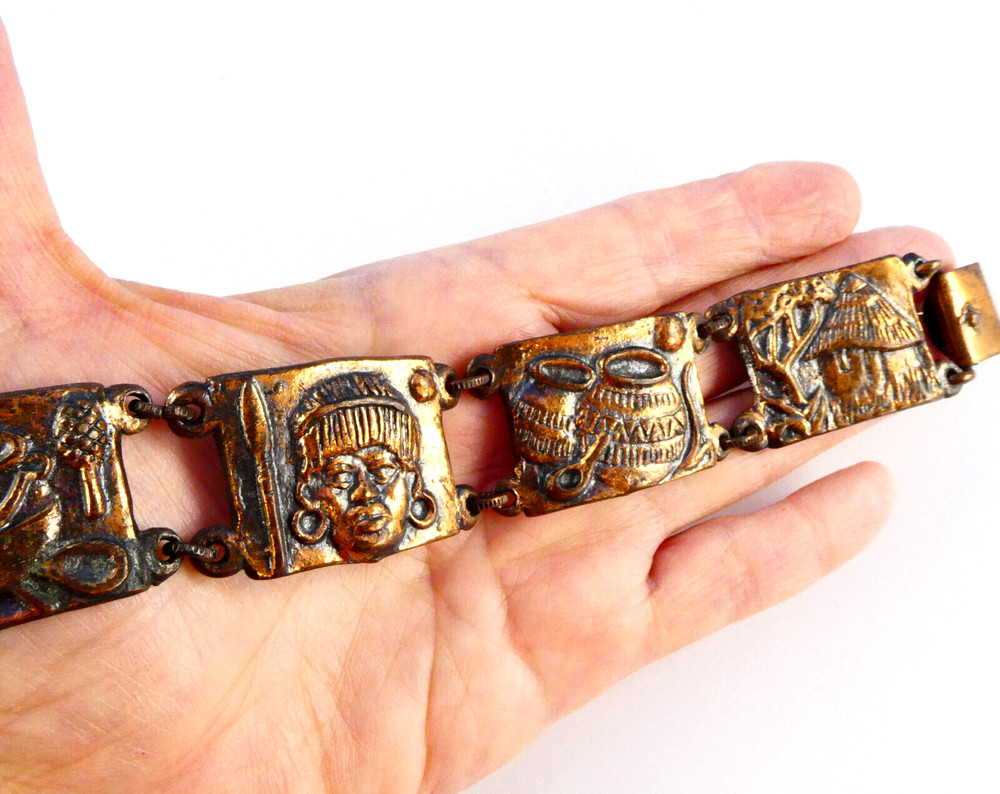 Vintage SIMBA Africa Handmade Panel Bracelet Bronze Tone 40’s Tribal Pots