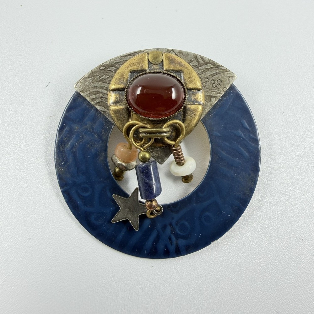 Round Vintage BROOCH Modern Stylish Blue Metal & Stone Carnelian Bronze Brass