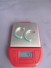 VINTAGE OLD PAWN STERLING ZUNI NASTACIO INLAY TURQUOISE PIERCED HOOP EARRINGS