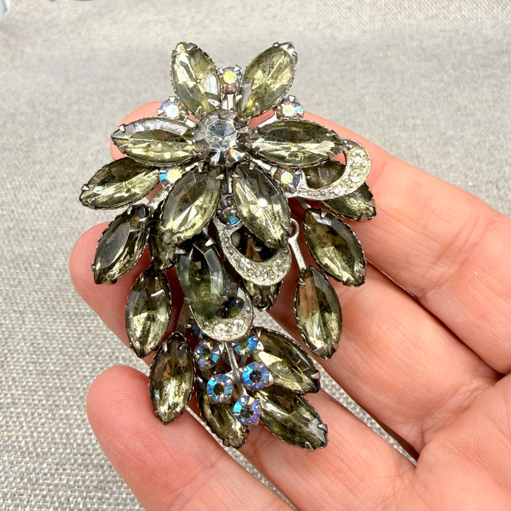 Vintage BroochSmoky Gray Marquise AB Rhinestones 2.5 Inches