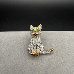 Vintage Swarovski Pave Crystal Kitty Cat Pin Brooch Green Eyes Swan Logo Retired