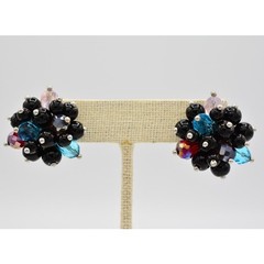 Vintage Cluster Pierced Earrings Crystal Beaded Multi-Color Chunky 1970s BinAR