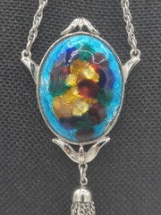 Celebrity Vintage Foil Enamel Pendant Necklace Tassel Silver Tone 32″