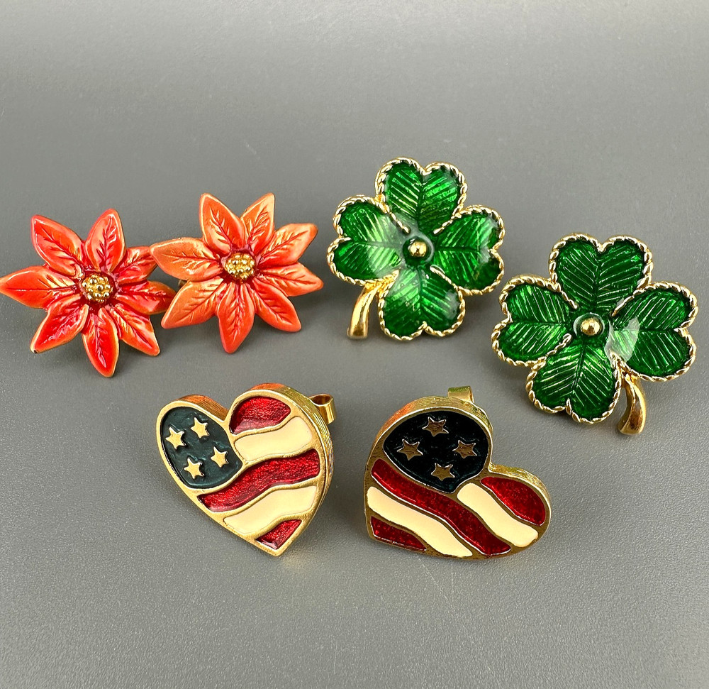 Vintage Enamel Stud Earrings Lot Signed Poinsettias Shamrocks USA Hearts Holiday