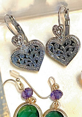 Dangle Earrings 4 Pair – Black, Filigree Heart, Pink Rhinestone & Faceted Green