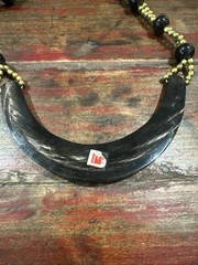 Vintage 80s India Brass Inlay Statement Collar Bovine Bone Horn Necklace 88g