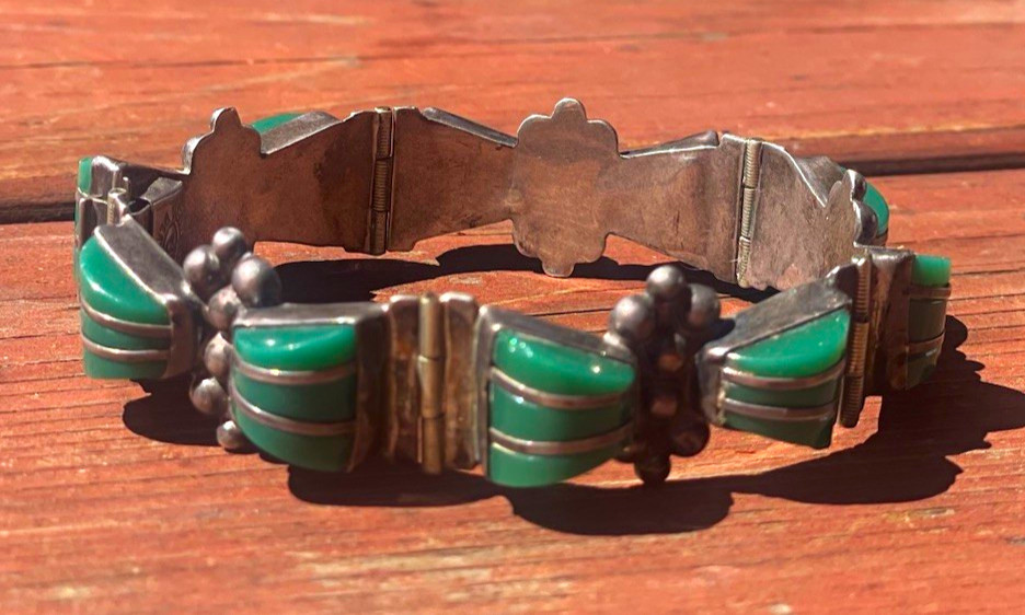 Vintage Mexico Sterling Silver 925 Green Onyx Stone Link Chain Metal Bracelet