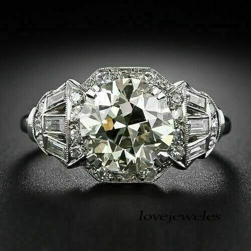 Art Deco Vintage 3.51CT Round Lab-Created Diamond Antique Ring 14K White Gold FN
