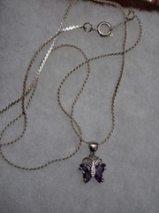 18K GP butterfly pendant necklace, purple stones, prong set, 18″