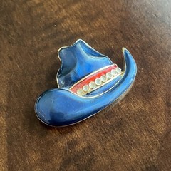 Vintage Cowboy Hat Brooch Blue Enamel With White Rhinestone’s Fashion Jewelry