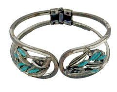 Vintage Silver & Turquoise Toned Flower Leaves Hinged Bangle Clamper Bracelet