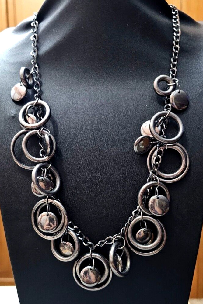 Gun Metal Circle beaded Dangle Necklace 22″