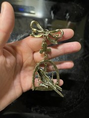 Hand Crafted Bird In Cage With Bow Rhinestones Brooch