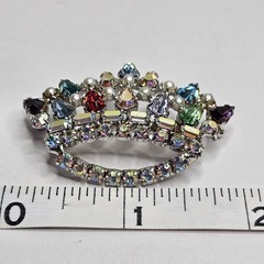 B. David Vintage Crown Brooch Green Glow Pin Multicolor Rhinestone Faux Pearl