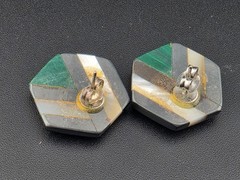 Vintage Hematite Mother of Pearl Malachite Mosaic Hexagon Pierced Earrings