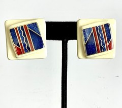 Vintage Memphis Style Geometric Earrings Blue Red Cream Abstract Postmodern Art