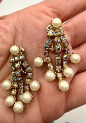 Signed Kramer NY Chandelier Earrings – Faux Pearl Aurora Borealis Crystal Clip-O