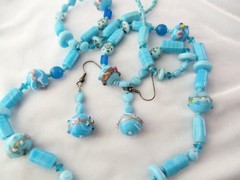 Vintage Sky Blue Wedding Cake & Mixed Shape Art Glass Bead Necklace & Earrings