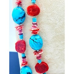 Turquoise & Sponge Coral Necklace, Double Strand, 925 Clasp, 1990s–2000s