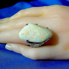 Original EARTH MINED OPAL DIAMOND Deco Style Ring PLATINUM Filigree Statement