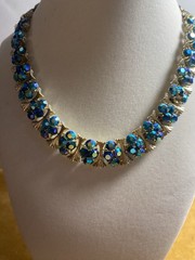 VTG Signed LISNER Blue/Teal AB Crystals Gold Tone Choker/Necklace-16″