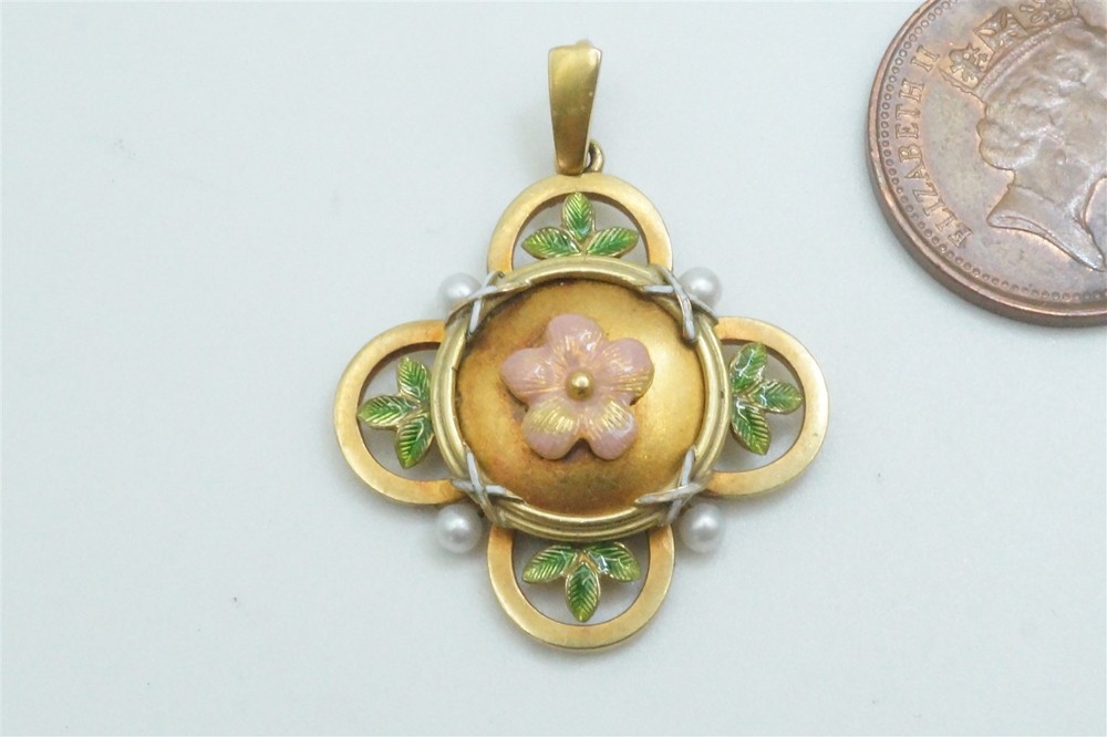 15K GOLD PINK GREEN ENAMEL PEARL PENDANT – QUALITY ANTIQUE ENGLISH -1880