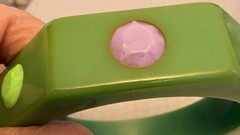Vintage Bakelite Bangle Green Octagon Inlay Polka Dots Bracelet TESTED