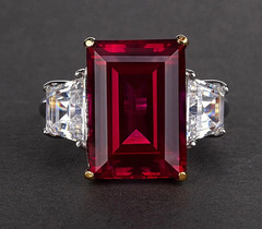 Features Bloody Red Emerald Cut Ruby & Lab-Created Diamonds Three Stone Ring FN