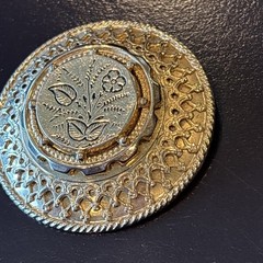 Vintage Gold Tone Domed Floral Etched Round Brooch Pin Openwork Victorian 1.75”