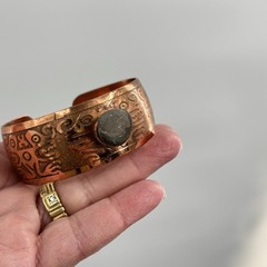 Vintage Copper Cuff Bracelet Etched Tribal Symbol Stone Cabochon Artisan Boho