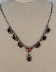 Vintage 925 Sterling Silver Cognac Colored Amber Y Drop Necklace 18” 11g