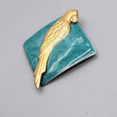 Vintage Parrot Brooch Green Enamel Gold tone Bird Square 2.25 in