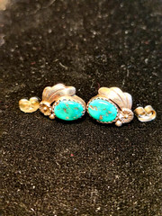 Vintage Turquois Earrings With Flower With Leaf Motif Signed ALV Anna Valencia