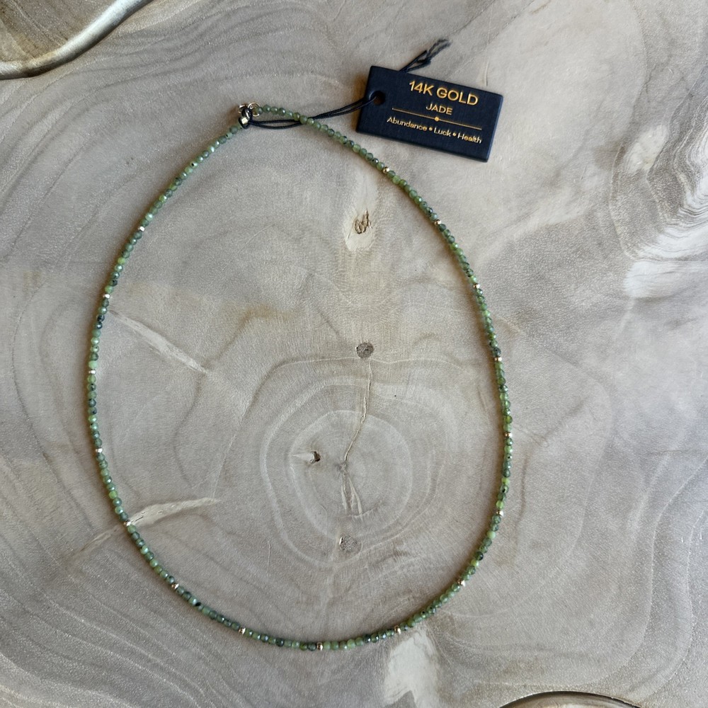 Jade & 14k Gold Beaded Necklace 16” 2mm Beads