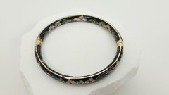 Vintage Chinese Black Cloisonné Enamel Bangle Bracelet Floral Hinged Gilt Brass