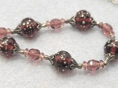 Vintage Purple Art Glass Beads Necklace 925 Clasp 17in.