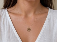 Art Nouveau Solid 10k Gold Natural Mine Cut Diamond Circle Pendant Necklace 21in