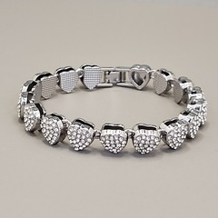 Vintage Heart Bracelet Pave Clear Rhinestones Silver Tone Linked 7.25″