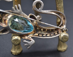 REJA Sterling SALAMANDER LIZARD Brooch Earrings AQUA GLASS BELLY Vtg Set Signed