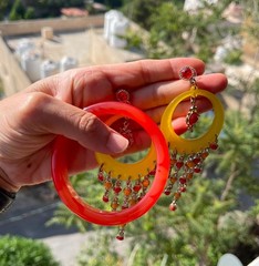 Vintage Thailand Boho Lucite Hoop Chandelier Earrings & Orange Resin Bangle Set