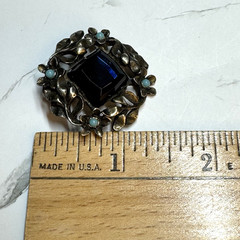 Vintage 1930s Clip Brooch Navy Blue Glass Stone Turquoise Cabochan Floral Wreath