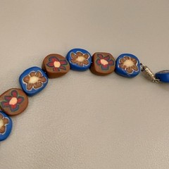 Vintage Millefiori Polymer Clay Bead Necklace Blue Brown Floral 18″