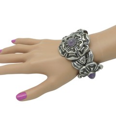 1930’s Wide Mexico City Amethyst Repoussé Sterling Silver Floral Bracelet