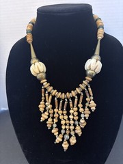 Vintage Stone Wood & Metal Beaded Necklace. Ethnic Art Design Hook Closure 23”