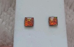 Vtg Sterling Silver Faux Fire Opal Iridescent Square Stud Earrings Orange Pink